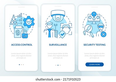 Parts Of Physical Security Blue Onboarding Mobile App Screen. Safety Walkthrough 3 Steps Editable Graphic Instructions With Linear Concepts. UI, UX, GUI Template. Myriad Pro-Bold, Regular Fonts Used