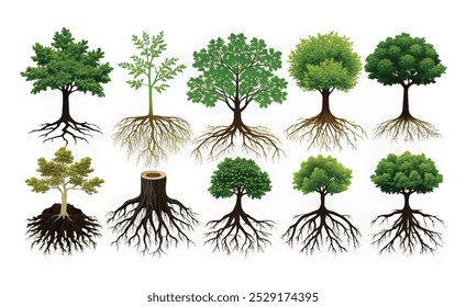 Partes da planta, raiz com coto de árvore. Dendrologia, plantas lenhosas, isoladas sobre fundo branco