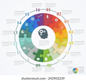 Parts puzzles in the form of a circle of the 16 pieces. Template design infographic banner, presentation, education, web and mobile apps