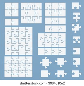 Parts of puzzles on blue template. Set of puzzle 2, 3, 4, 6, 8, 9, 12, 16 pieces
