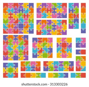 Parts of puzzles on white background in colored colors. Set of puzzle 2, 3, 4, 5, 6, 8, 9, 10, 12, 13, 16, 18, 25, 36 pieces