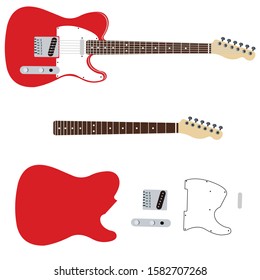 parts of red guitar separated by pieces 