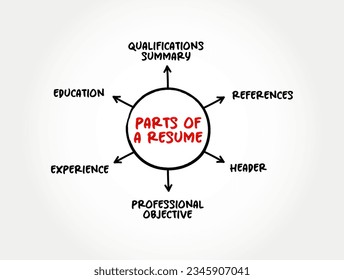 Parts of a Resume (brief summary of personal and professional experiences, skills, and education history) mind map text concept background