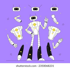 Parts of robot line concept. Automation and modern technologies, innovation. Artificial intelligence and machine learning. Hands and legs of bot. Cartoon flat vector illustration