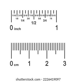 Parts of ruler scale. Inch divided into fractions converted to centimetres. Fragments of imperial and metric system measuring tools. Yardstick template segments. Vector graphic illustration