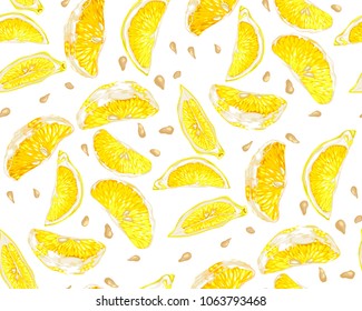 Parts and slices of citrus fruit seamless pattern with lemon seeds.