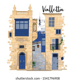 Parts of two traditional maltese houses in Valletta made of sandy stone bricks with various doors, windows and balconies. Vector isolated design