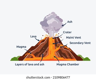 Parts of volcano vector illustration. Volcano cross section illustration