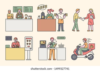 Part-time job staff in various shops. flat design style minimal vector illustration.