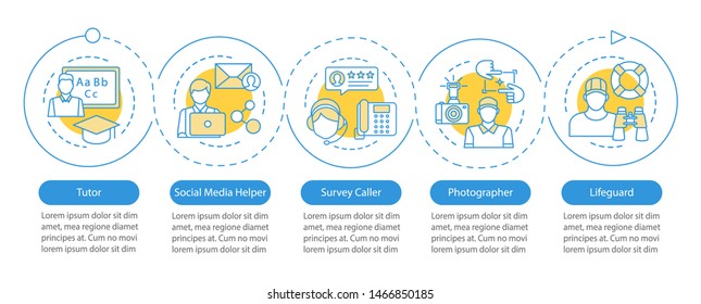 Part-time jobs vector infographic template. Tutor, photographer. Business presentation design elements. Data visualization with five steps. Process timeline chart. Workflow layout with linear icons