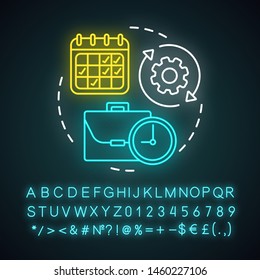Part-time neon light icon. Work in shifts. Short-term employment. Job recruitment. Reduced schedule, flexible timetable. Glowing sign with alphabet, numbers and symbols. Vector isolated illustration