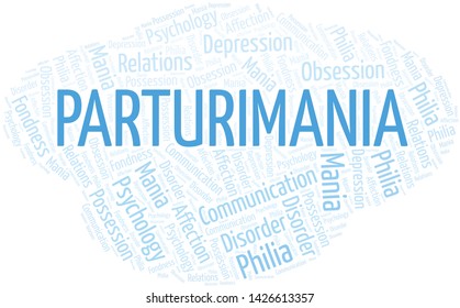 Parturimania word cloud. Type of mania, made with text only.