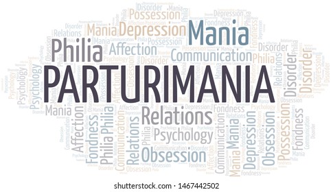 Parturimania word cloud. Type of mania, made with text only.