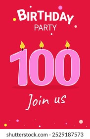 Una fiesta por el 100 aniversario. El número de invitación es una vela de 100 sobre un fondo rosa.