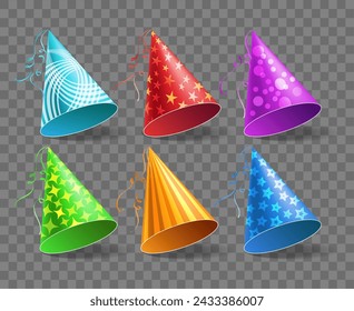 Party 3d hats vector set isolated on transparent background. Realistic colored birthday cone caps, decoration costume holiday festive celebration paperhat vector collection