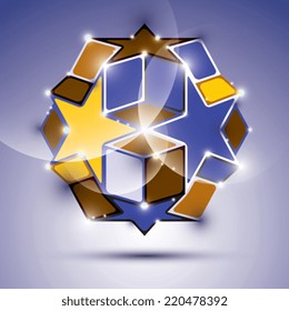 Party 3D violet glossy mirror ball with stars and cubes. Vector festive geometric illustration - eps10 shiny gemstone. 