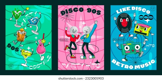 Party 90s poster. Funny characters with wild ball dance and sing in karaoke. Themed flyer for nostalgic night out. Bright flyer invitation to event in retro style. Cartoon flat vector illustration