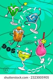 Party 90s poster. Funny characters with faces in form of alcoholic cocktails and drinks, booze and glasses. Flyer invitation to disco night dancing in retro style. Cartoon flat vector illustration