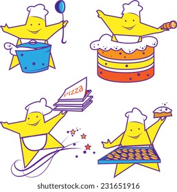 Party abstract cheerful chefs in the form of stars with different types of services on a transparent background