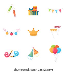 Party accessories cartoon vector illustrations set. Holidays celebration supplies cliparts. Festive anniversary garlands, gifts, balloons, confetti. Birthday hats and whistles. Christmas tree baubles