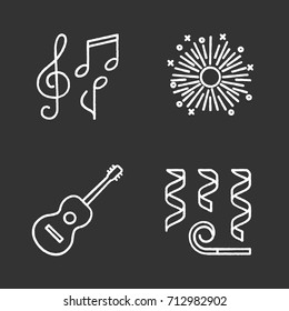 Party accessories chalk icons set. Guitar, treble clef and musical notes, firework, garlands and whistle. Isolated vector chalkboard illustrations