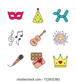 Party accessories color icons set. Carnival mask, birthday cap, balloon dog, musical notes and treble clef, guitar, firework, microphone, sweets box, crown. Isolated vector illustrations
