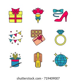 Party accessories color icons set. Confetti, disco ball, sweets, gift box, tailcoat, garlands, bow tie and high heel shoe, magic trick. Isolated vector illustrations
