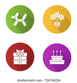 Party accessories flat design long shadow glyph icons set. Balloon dog, bunch of flowers, gift box, birthday cake. Vector silhouette illustration