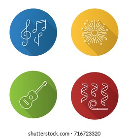 Party accessories flat linear long shadow icons set. Guitar, treble clef and musical notes, firework, garlands and whistle. Vector outline illustration