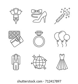 Party accessories linear icons set. Confetti, disco ball, sweets box, evening gown, tailcoat, air balloons, bow tie and high heel shoe. Thin line contour symbols. Isolated vector outline illustrations