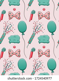 Party accessories seamless pattern. Balloons, clown wigs, noses and bows, party whistles, confetti petards. Decoration for greeting card, wrapper and textile. Pink background, vector.