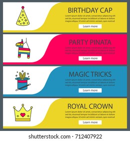 Party accessories web banner templates set. Birthday cap, pinata, rabbit in hat with magic wand, crown. Website color menu items. Vector headers design concepts