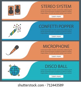Party accessories web banner templates set. Speakers, holiday slapstick, microphone, disco ball. Website color menu items. Vector headers design concepts