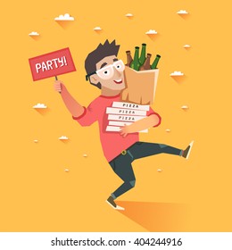 Party after hard work or study. Happy hipster boy running with package of beer bottles and pizza, hand with "Party" sign. Colorful vector illustration in flat style