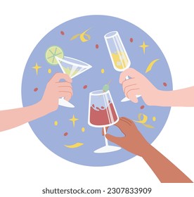 Party with alcohol. Characters holding glasses with alcoholic drinks. Wine and champagne. Holiday and event, festival. Cheers poster or banner. Cartoon flat vector illustration