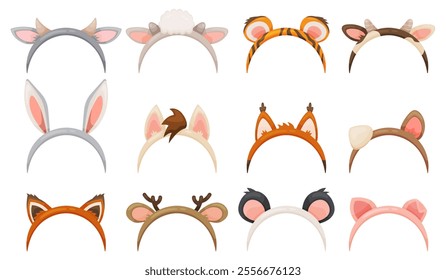 Party animal headbands. Cute kids headwear. Different ears and horns. Photo booth props. Tiger and rabbit. Birthday costume. Holiday accessory. Portrait zoo elements