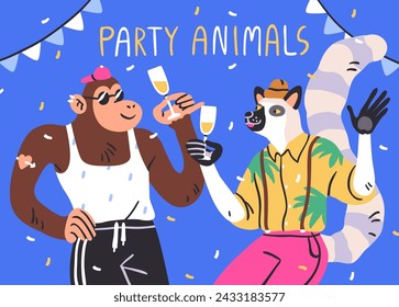 Party animals, card design. Funny wild characters celebrating holiday night with champagne in wineglasses. Cute cool monkey and lemur friends at celebration, postcard. Flat vector illustration