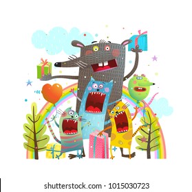 Party Animals Cats Mouse Rainbow. Birthday party outside in nature with animals. Vector illustration.