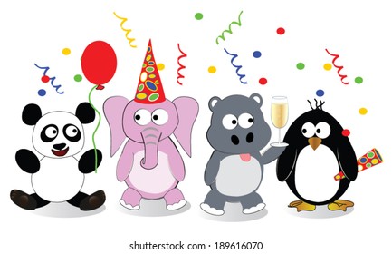 Party Animals Four stylized cartoon animals celebrating at a party. Animals include panda, pink elephant, hippo and penguin