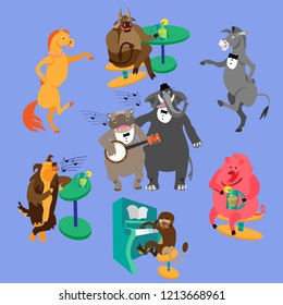 Party animals: hippo with banjo, elephant, dog, monkey with piano, dancing horse and donkey, bull and pig, drinking lemonade. Fine for a greeting card, home pages and invitations to parties and gigs.