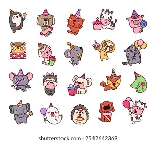 Animales de fiesta personajes de dibujos animados kawaii establecidos para cumpleaños y celebraciones festivas con mascotas lindas y decoraciones divertidas con adorables mascotas de dibujos animados