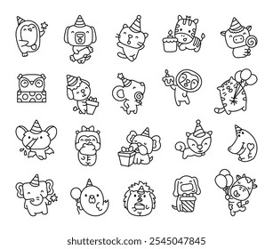 Party animals kawaii cartoon characters set for birthdays and festive celebrations with cute pets and fun decorations featuring adorable cartoon mascots