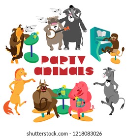 Party animals lettering and hippo with banjo, elephant, dog, monkey with piano, dancing horse and donkey, bull and pig, drinking lemonade. Fine for greeting cards and party invitations. 