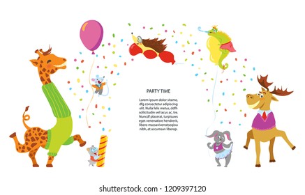 Party animals vector, happy celebrating giraffe, elk and chameleon with balloons and confetti