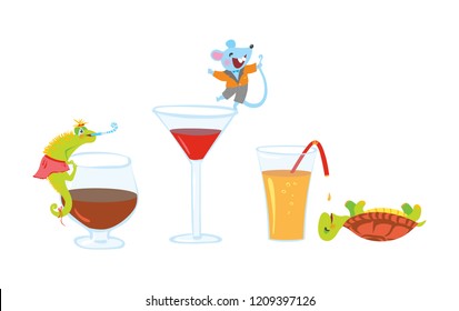 Party animals vector, happy celebrating chameleon, turtle and mouse with cocktails