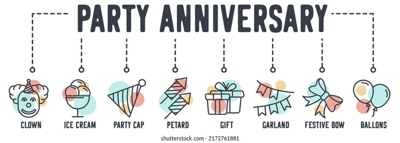 Party Anniversary banner web icon. clown, ice cream, party cap, petard, gift, garland, festive bow, ballons vector illustration concept.