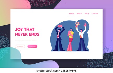 Party or Anniversary Celebration Website Landing Page. Group of People Applauding and Waving Hands, Man in Formal Suit Holding Flowers Bouquet, Web Page Banner. Cartoon Flat Vector Illustration