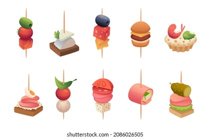 Party appetizer. Various snacks canape and sandwhich for buffet gourmet table with toasts and vegetables exact vector cartoon illustrations isolated