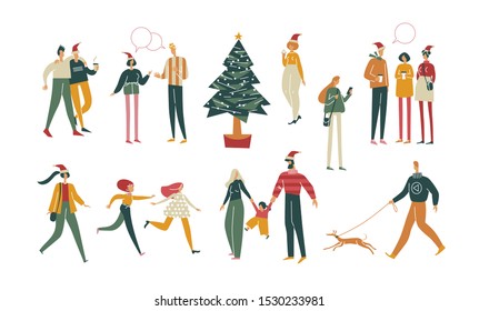 Party around Christmas tree. Happy friends communicate, enjoy outdoor. Company celebrates new year. People dressed in winter clothes walking. Christmas holiday vector illustration isolated on white