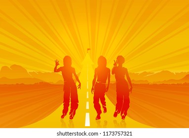Party atmosphere. Dancing people. Elegant template with group of young detailed silhouettes of girls. Vector illustration for print or background